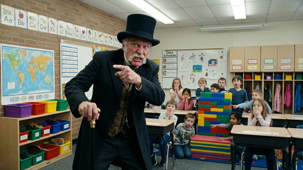 Adam Driver as oil baron Abraham H Parnassus pointing in elementary school classroom