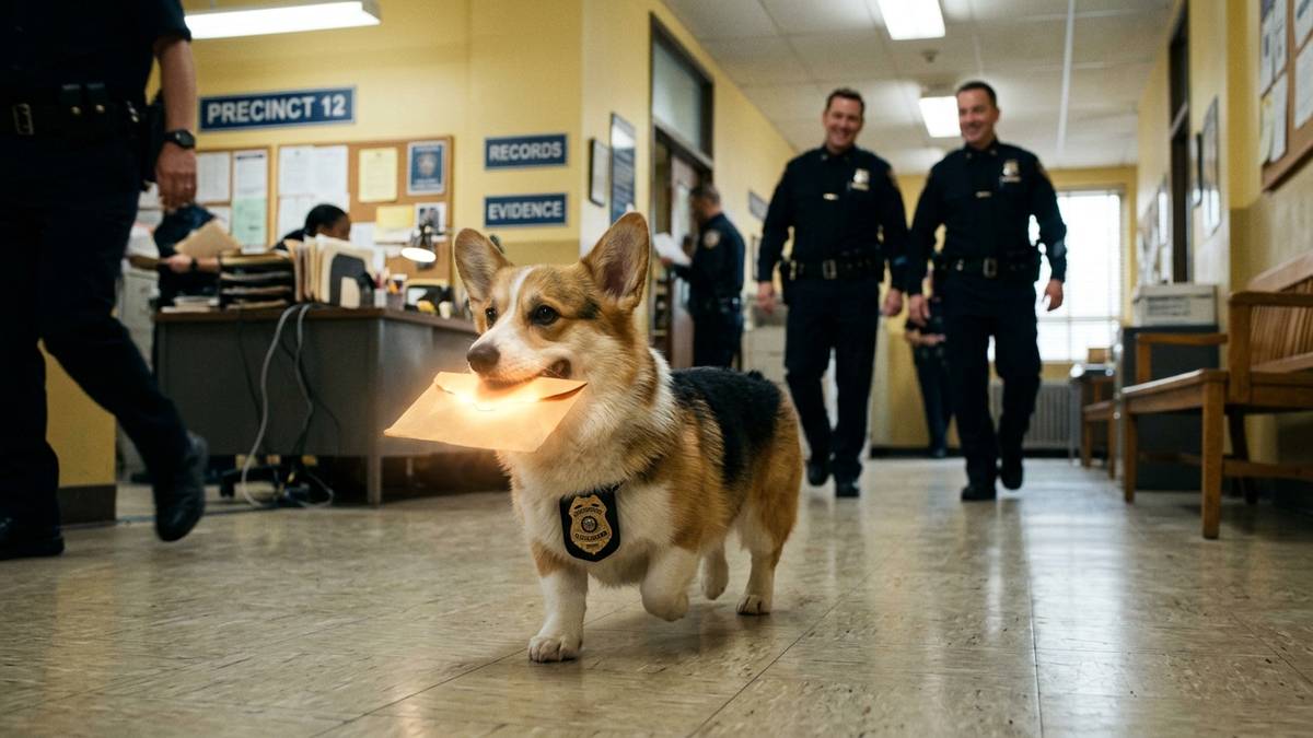 Cheddar the corgi running through police station hallway with envelope