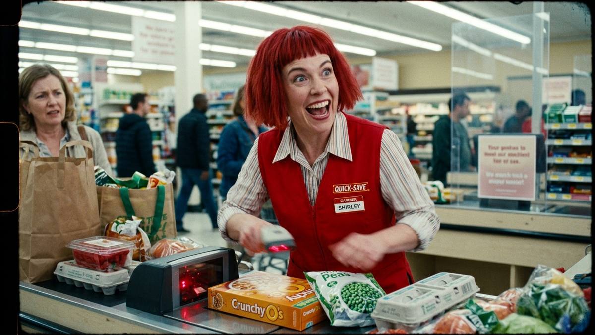 Kristen Wiig as Target Lady cashier scanning groceries with ecstatic excitement