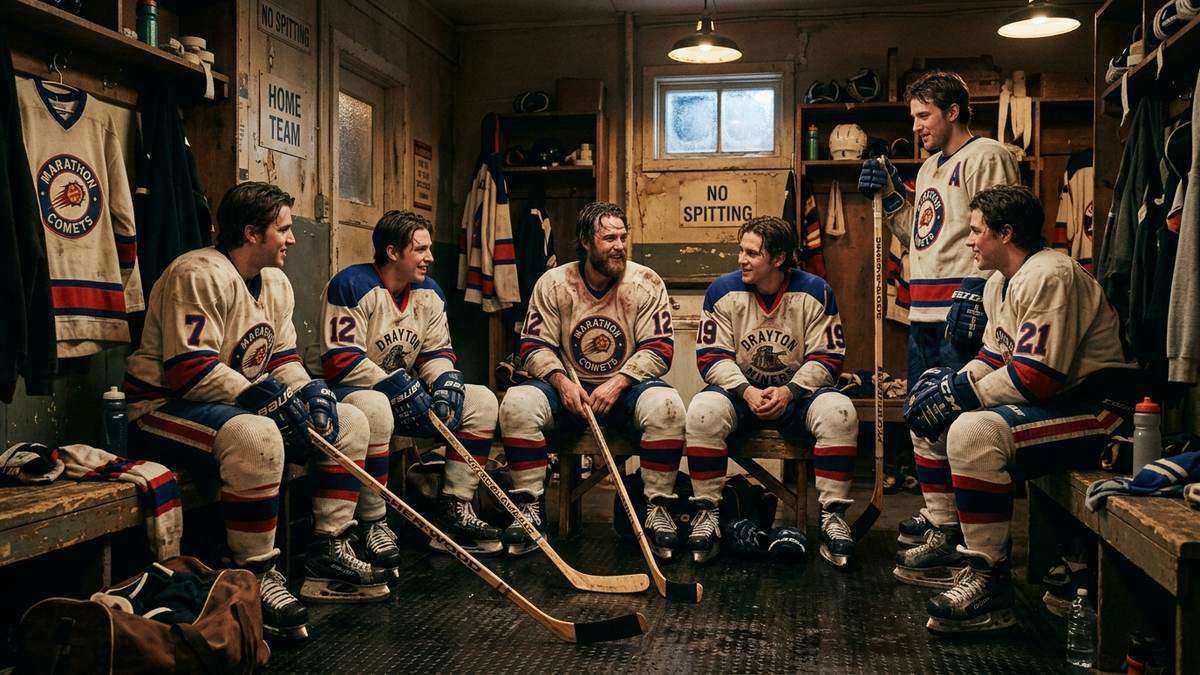 Canadian junior hockey players in locker room discussing hockey slang