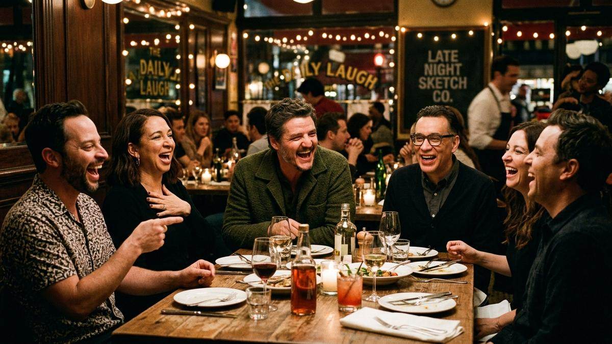 Pedro Pascal and cast members laughing during sketch comedy dinner scene